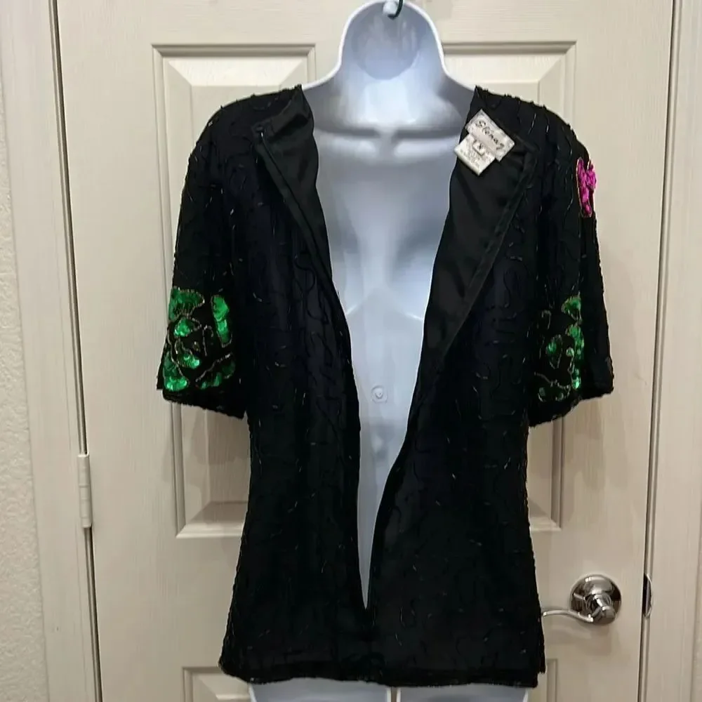 Vintage Stenay Womens Top Sz M Short Sleeve Sequin Beaded Scoop Neck Formal
